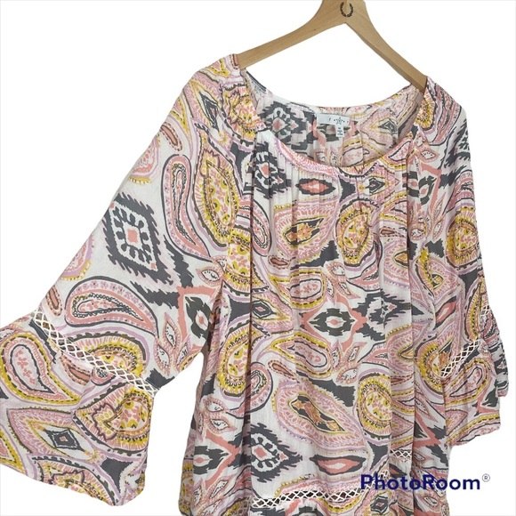 FEVER Bell Sleeve Boho Peasant Blouse Southwest Aztec 1X Lightweight Rayon - Picture 1 of 11